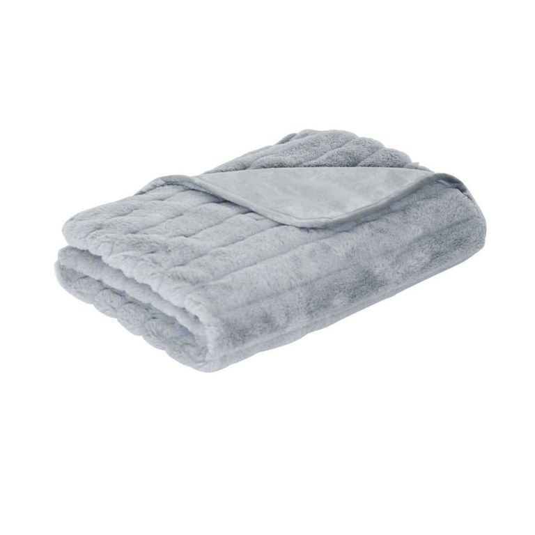 Soft grey fleece blanket, folded neatly.