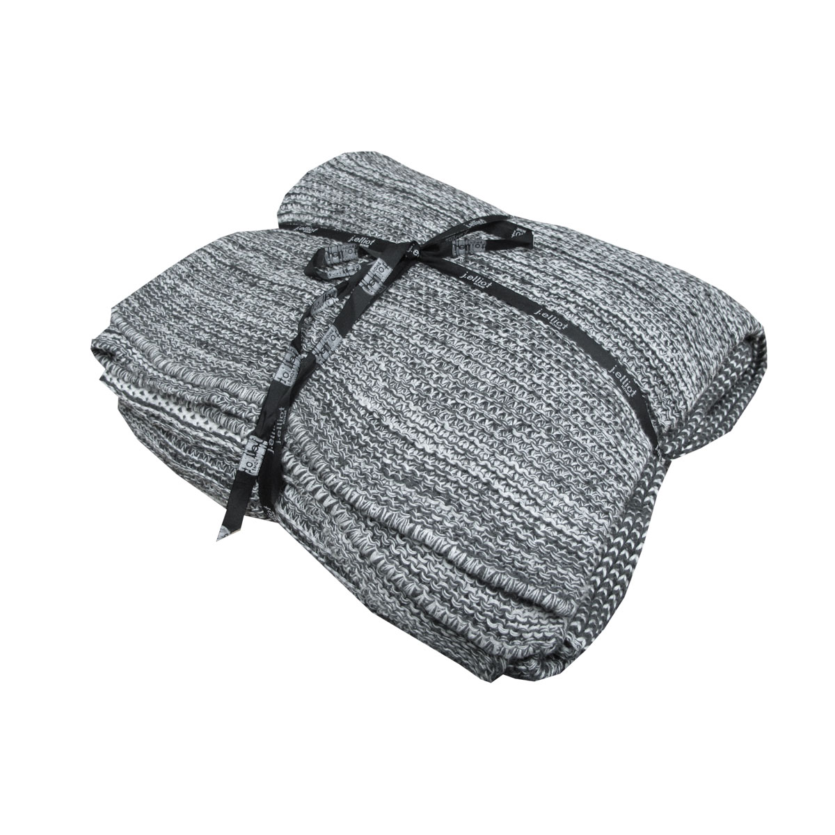 Grey knitted blanket with black ribbon, folded neatly.