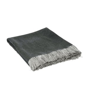 Grey throw blanket with fringed edge.
