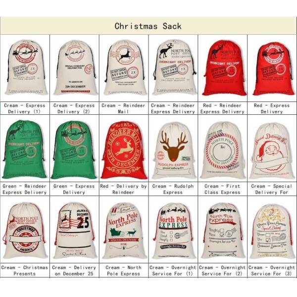 large christmas xmas hessian santa sack stocking bag reindeer children gifts bag, green express delivery Christmas-themed delivery sacks with various designs.