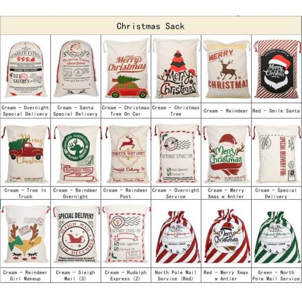 large christmas xmas hessian santa sack stocking bag reindeer children gifts bag, green express delivery Assorted Christmas sacks with festive designs and themes.