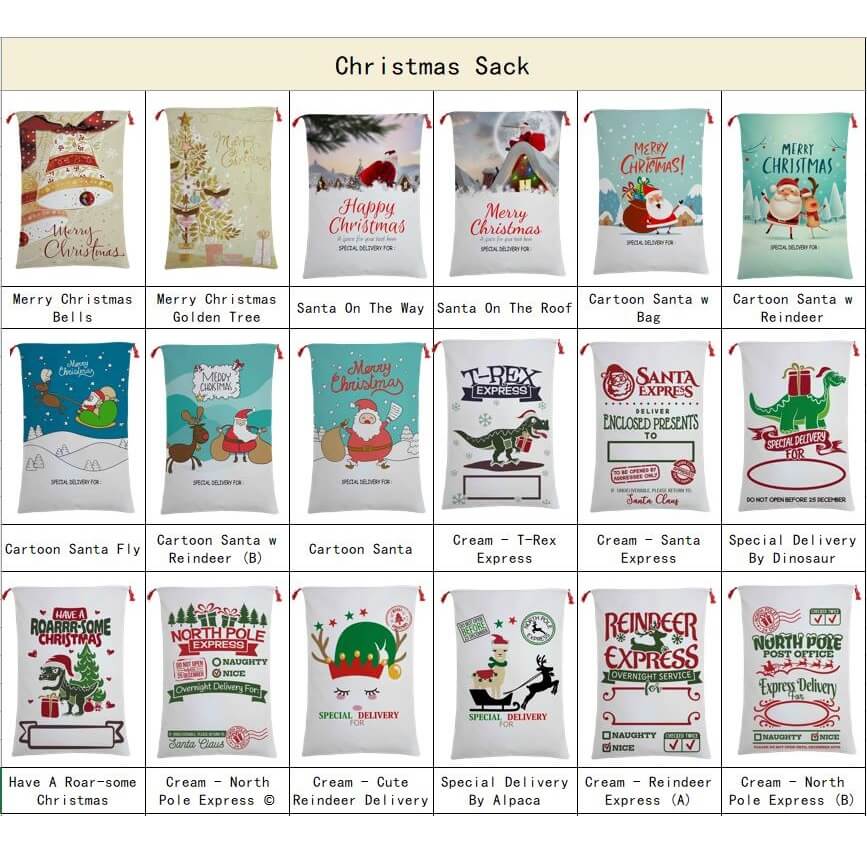 Various Christmas sack designs with festive themes.