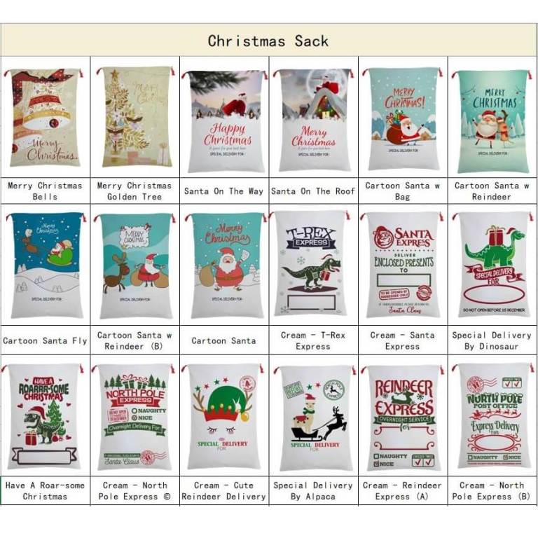 large christmas xmas hessian santa sack stocking bag reindeer children gifts bag, cream reindeer girl makeup Assorted Christmas sacks with festive designs.