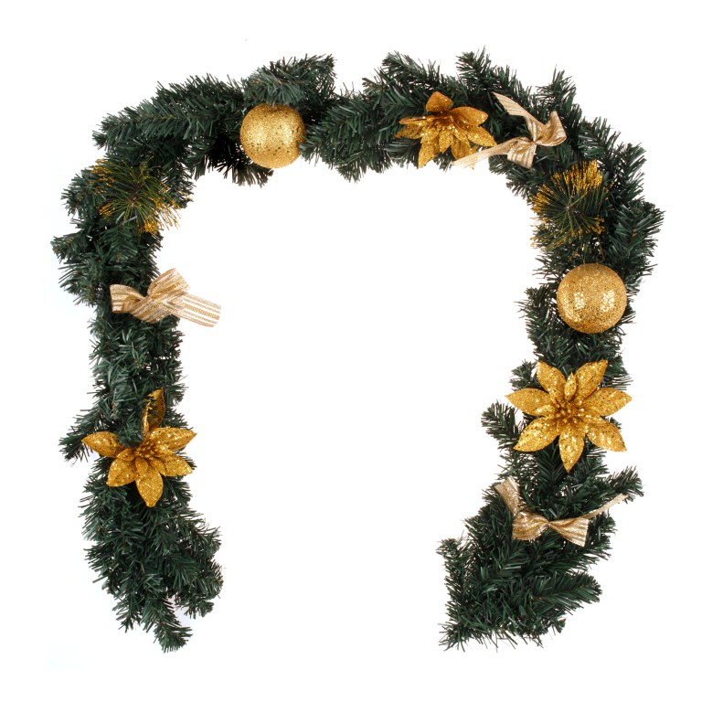 Festive archway adorned with gold decorations.