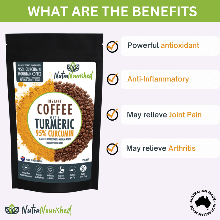 instant coffee with 95% pure organic curcumin turmeric extract powder (1,000mg) 120g Nutra Nourished coffee benefits: antioxidant, anti-inflammatory, joint relief.