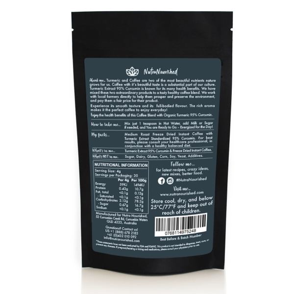 NutraNourished turmeric coffee blend package with nutrition details.