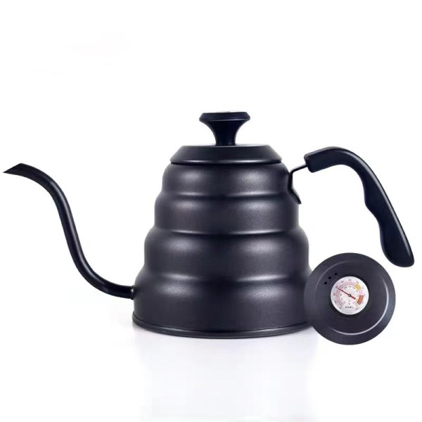 v498 coffeepotbk 174716 00.jpg Black gooseneck kettle with temperature gauge lid.