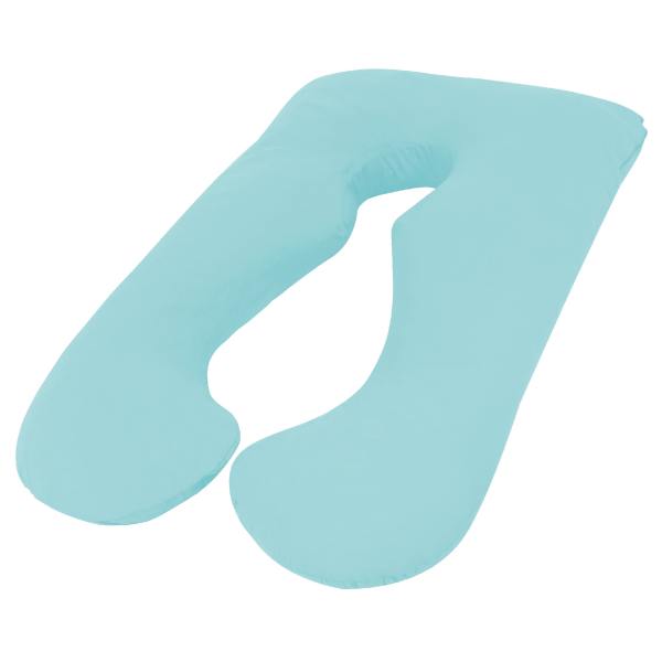 Blue U-shaped pregnancy pillow for sleep support.