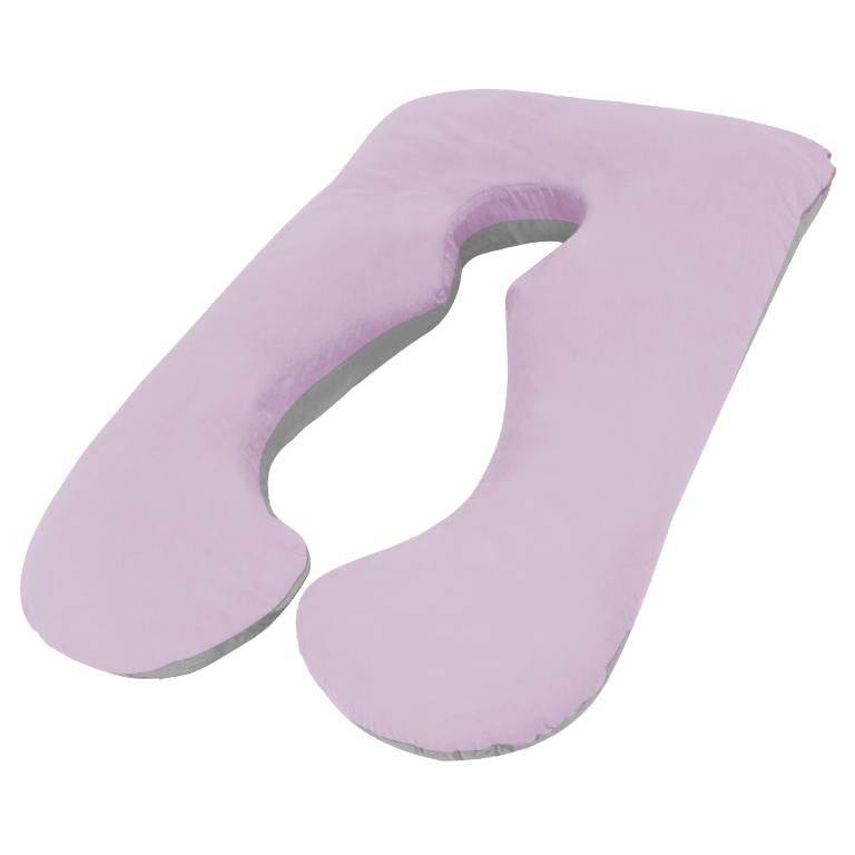 Purple U-shaped pregnancy pillow on white background.