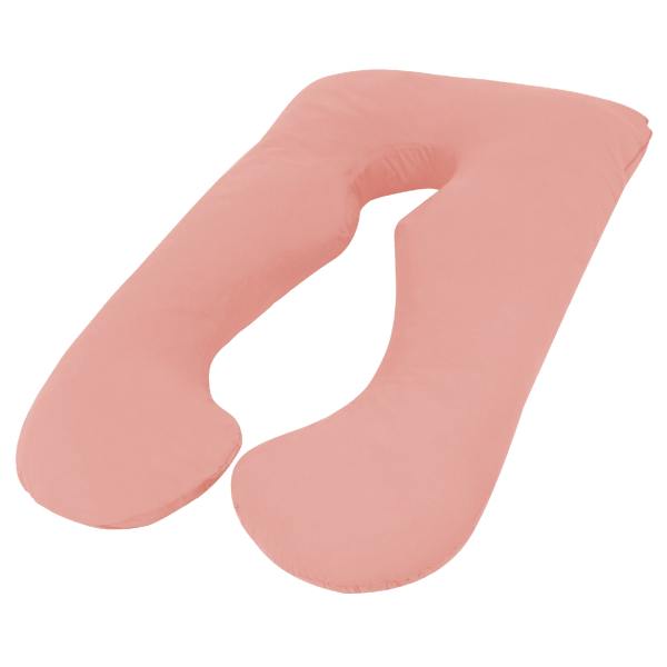 Pink U-shaped pregnancy pillow for comfort support.