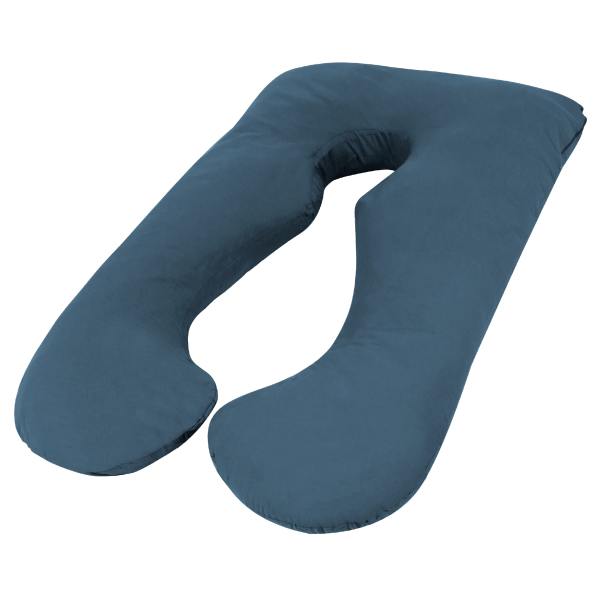 Blue U-shaped maternity pillow on white background.