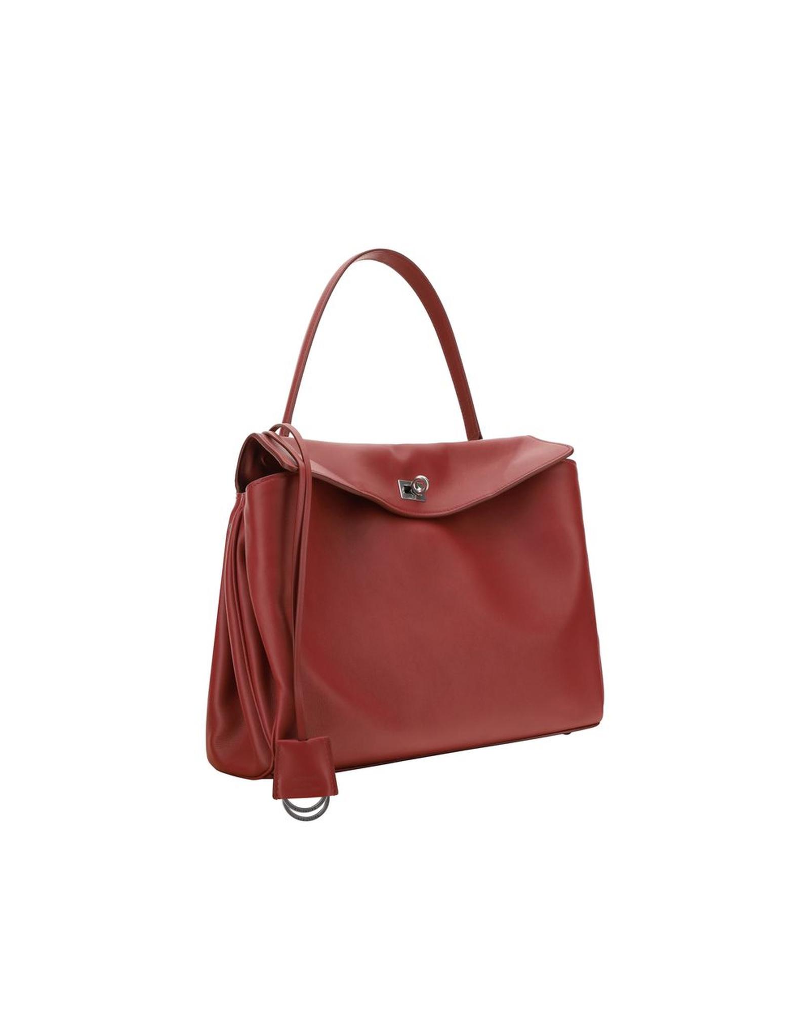 Red leather handbag with shoulder strap.