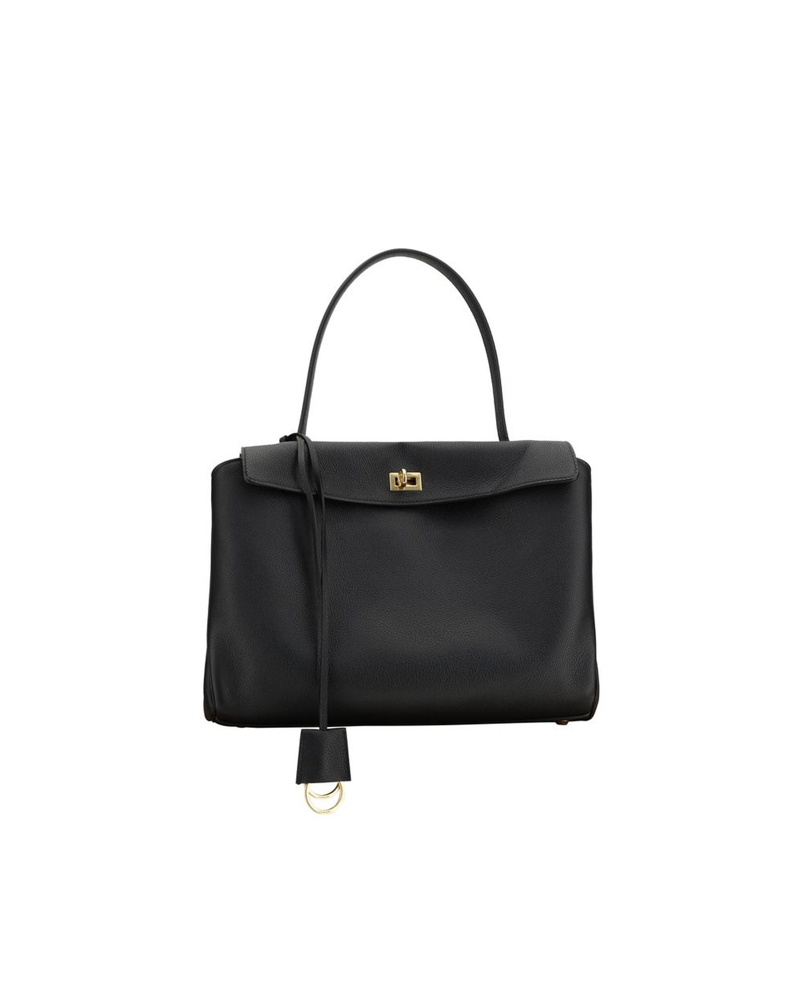 Black leather handbag with gold clasp