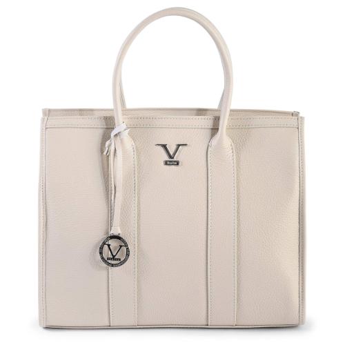 Elegant beige leather handbag with logo.