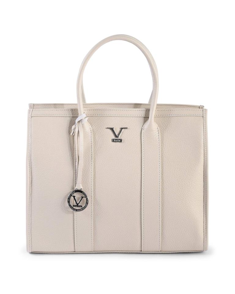 Elegant beige leather handbag with logo.