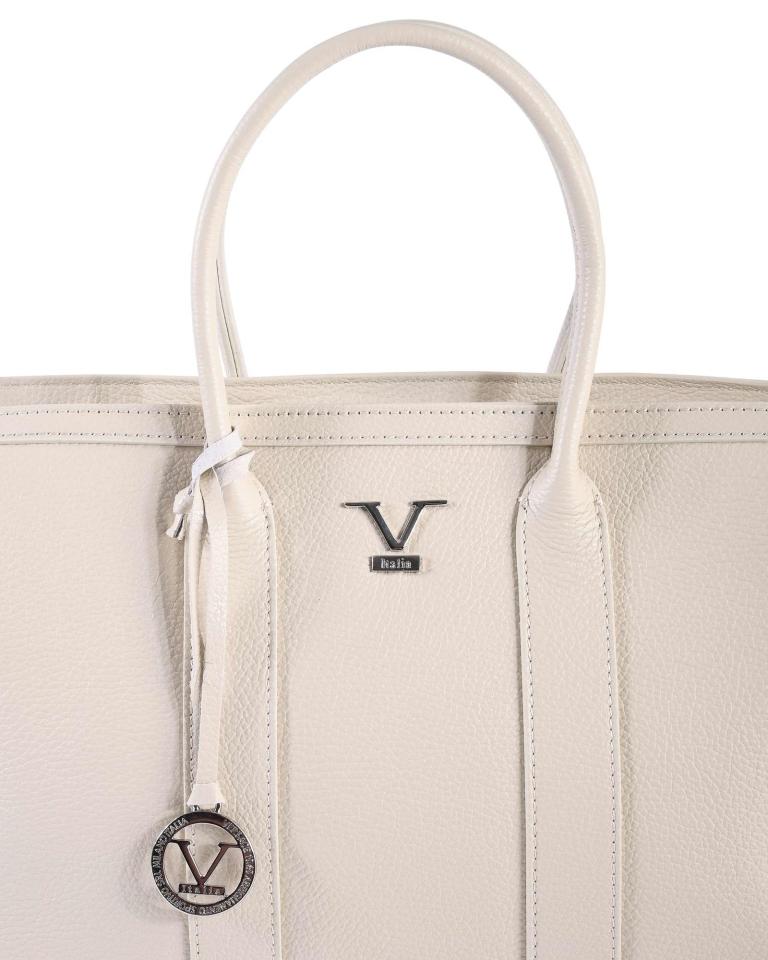 Cream leather handbag with logo and charm