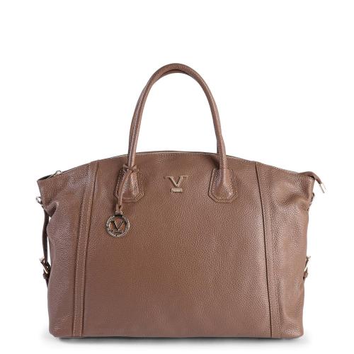 Brown leather handbag with handles and logo.