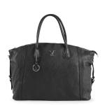 Black leather handbag with handles and logo charm