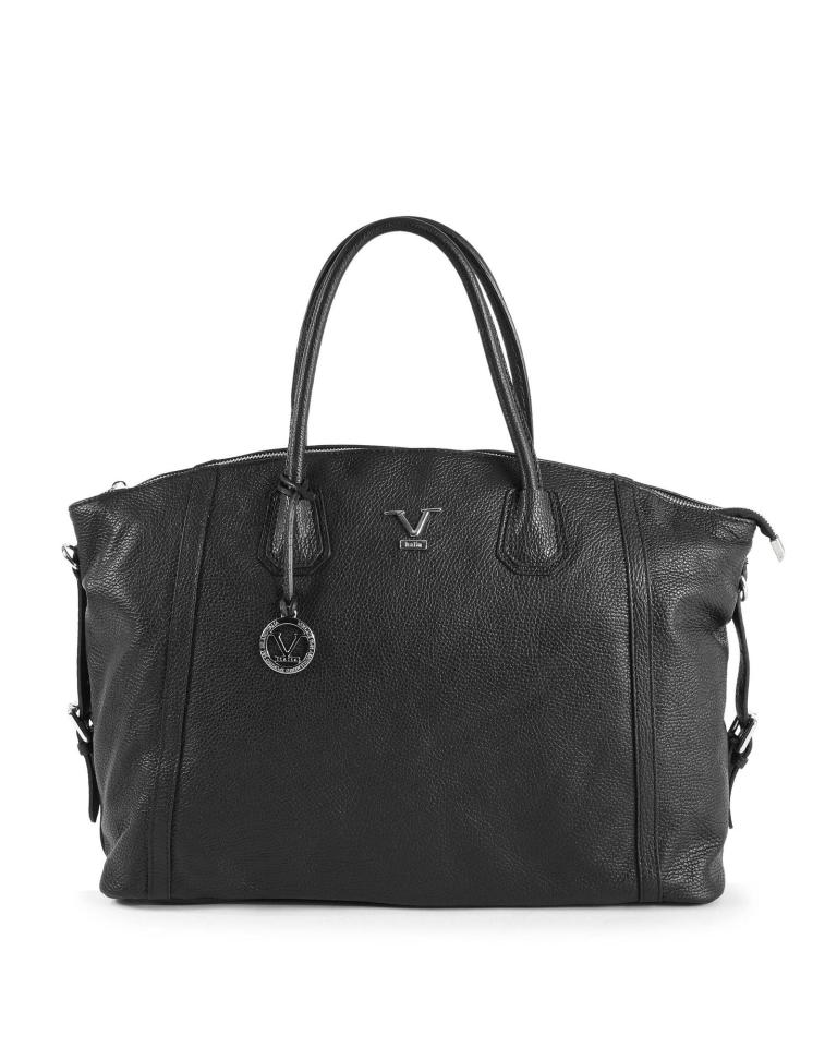 Black leather handbag with handles and logo charm