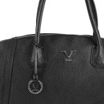 Black leather handbag with coin tag and V logo.
