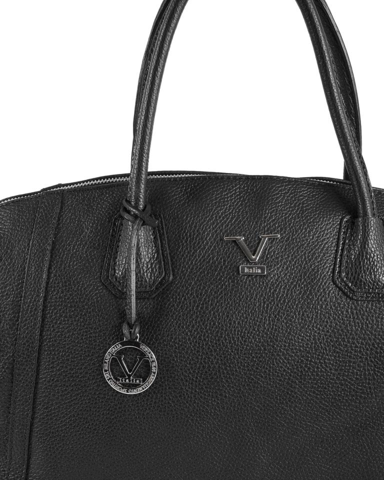 Black leather handbag with coin tag and V logo.