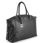 Black leather handbag with silver charm and logo.