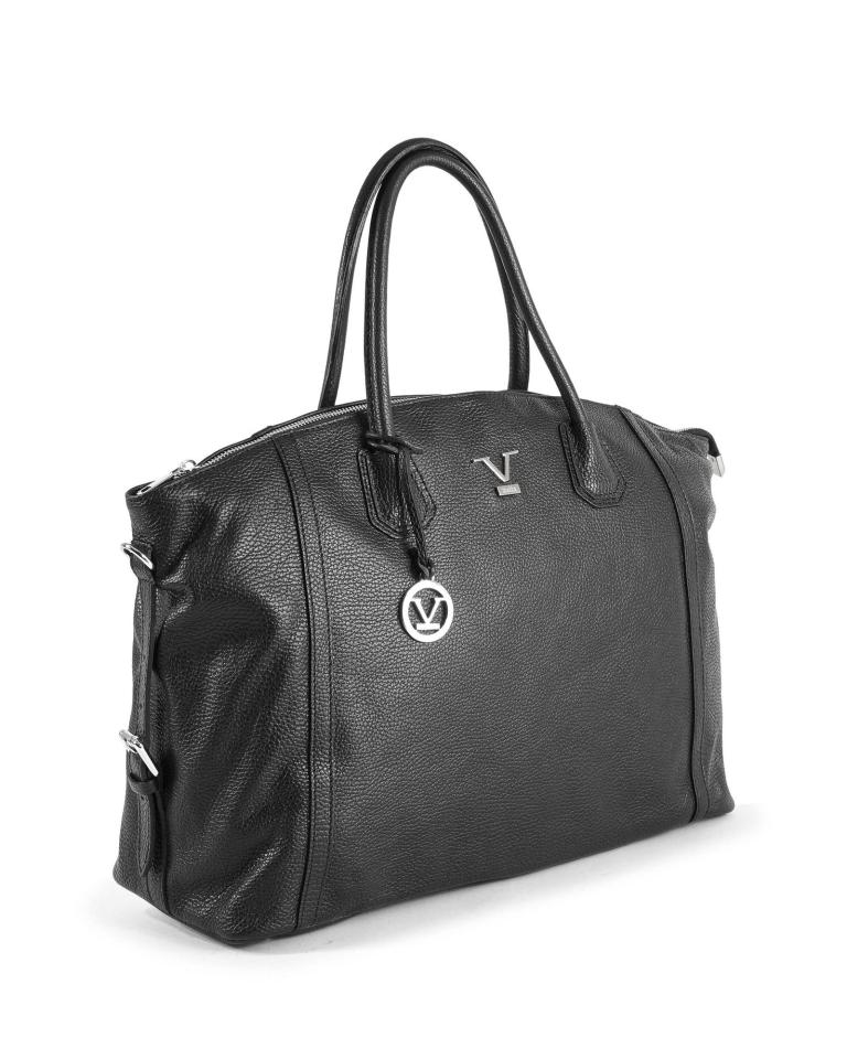Black leather handbag with silver charm and logo.
