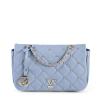 Light blue quilted handbag with chain strap.