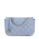 Light blue quilted handbag with chain strap.