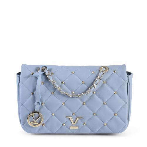 Light blue quilted handbag with chain strap.
