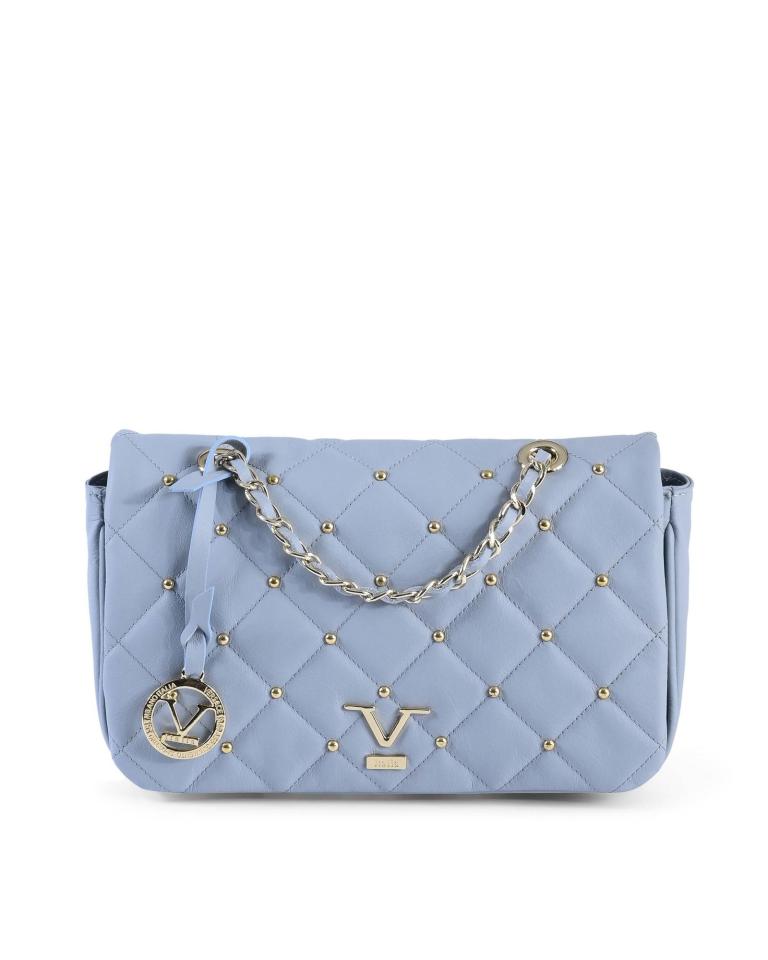 Light blue quilted handbag with chain strap.
