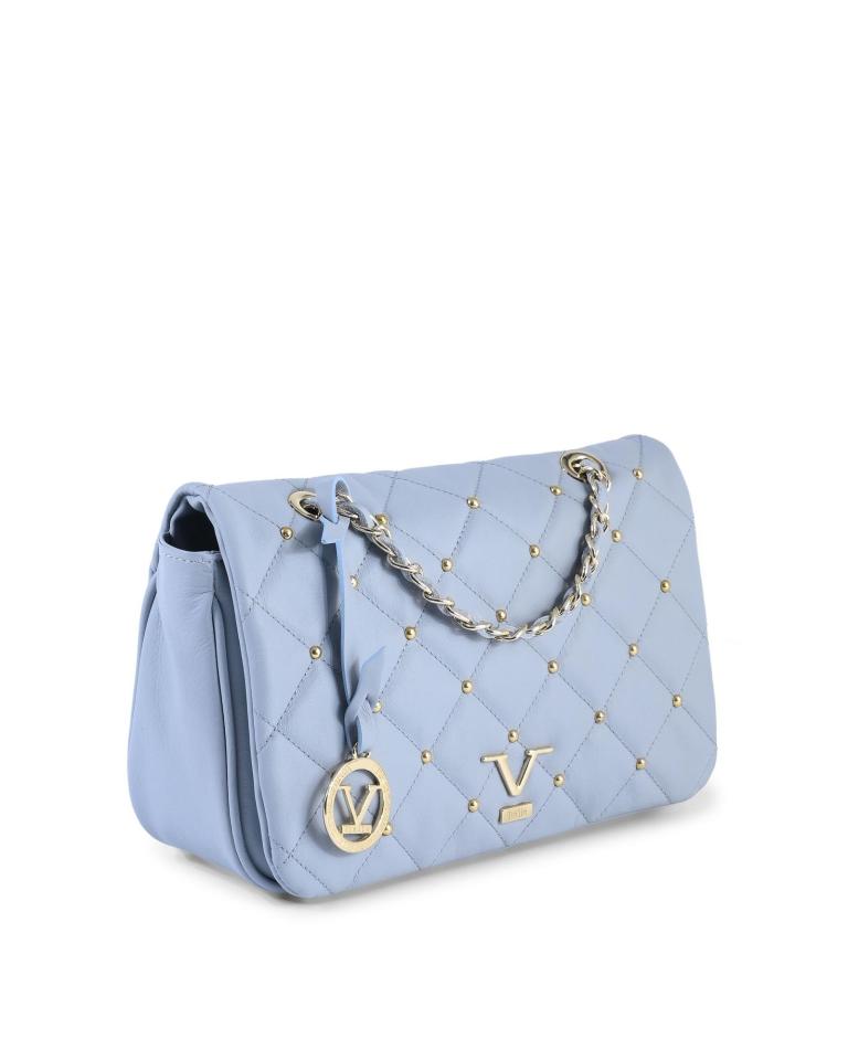 Light blue quilted handbag with chain strap.