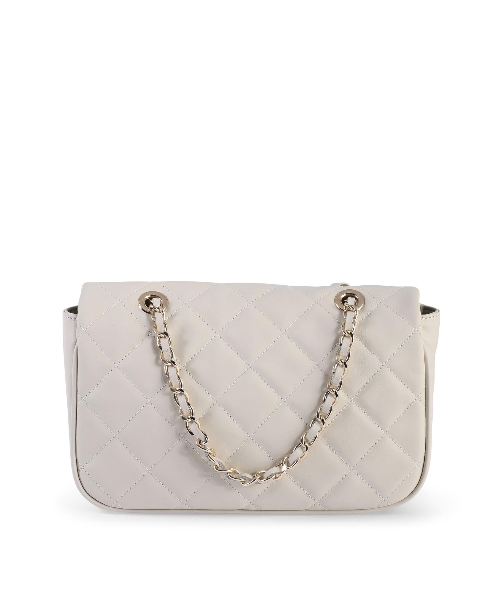 White quilted handbag with chain straps.