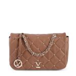 Brown quilted handbag with gold chain accents.
