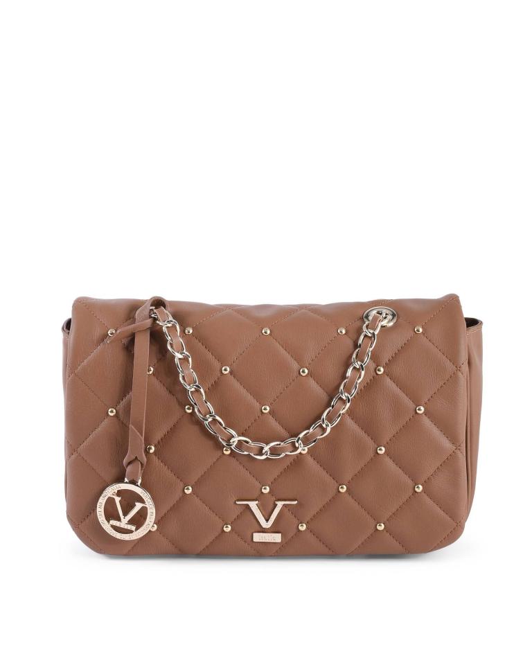 Brown quilted handbag with gold chain accents.