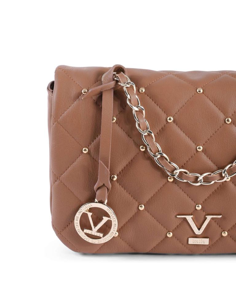 Brown quilted handbag with gold chain and studs