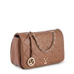 Brown quilted handbag with chain strap.