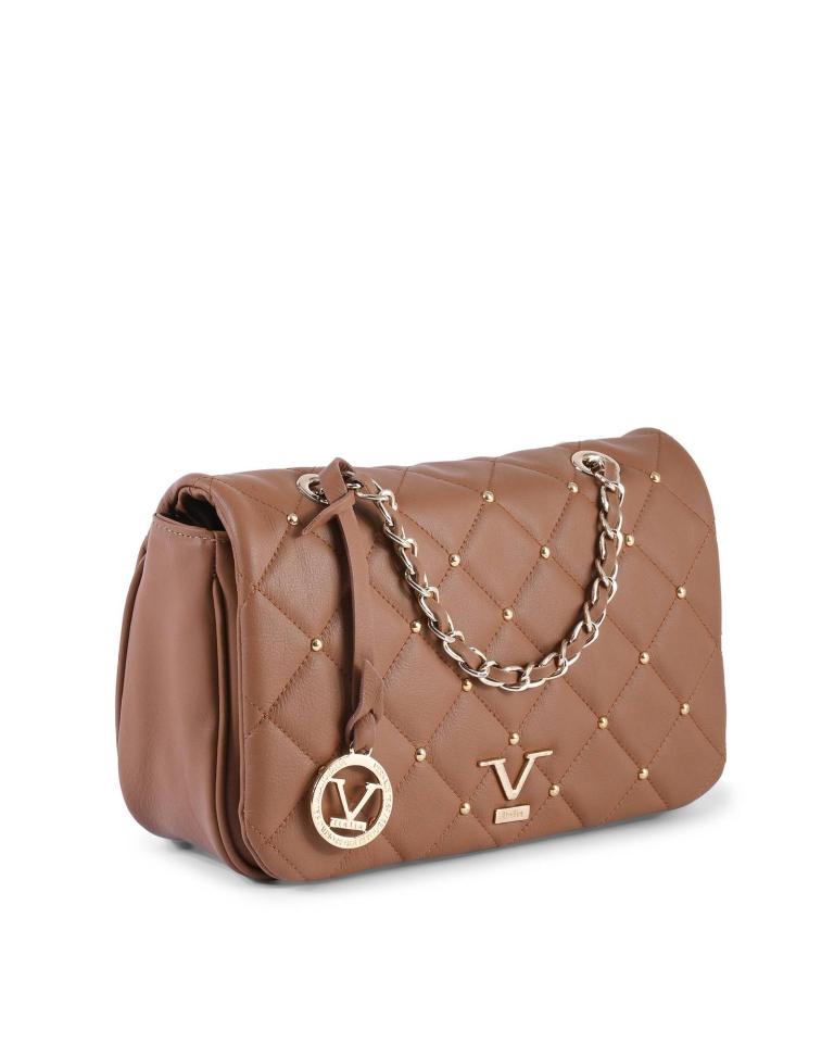 Brown quilted handbag with chain strap.