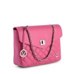 Elegant pink handbag with quilted design and chain strap.