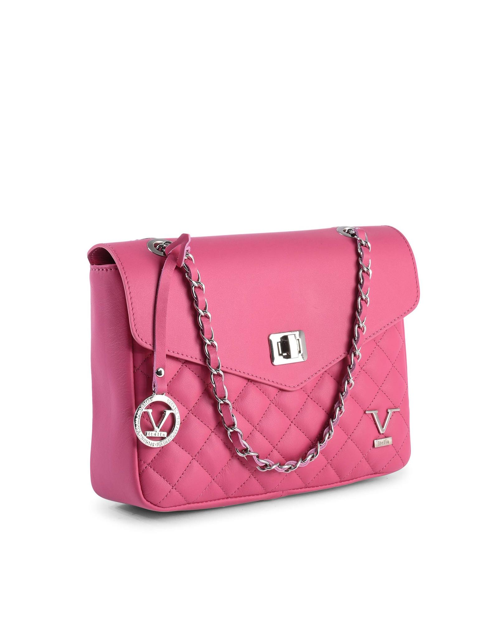 Elegant pink handbag with quilted design and chain strap.