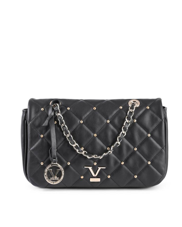 Black quilted handbag with silver chain detail