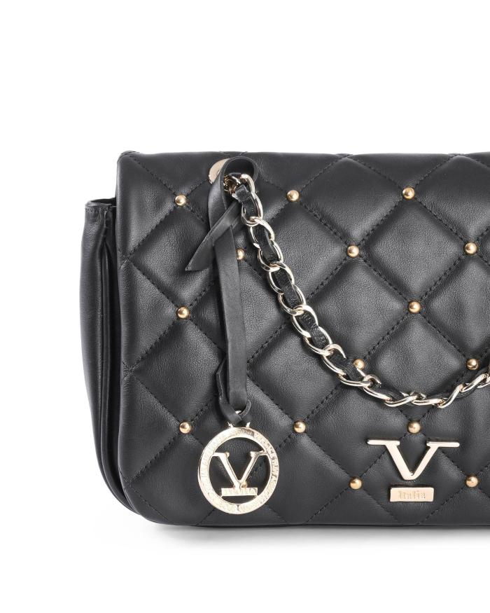 v italia by versace chain bag black leather Black quilted handbag with gold accents and chain.