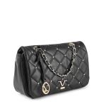 Black quilted handbag with chain strap and studs.