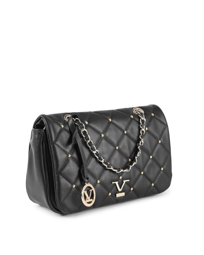 v italia by versace chain bag black leather Black quilted handbag with chain strap and studs.