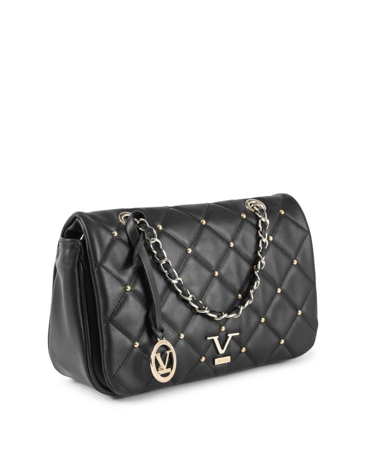 Black quilted handbag with chain strap and studs.