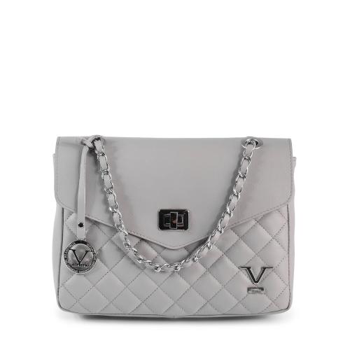 Grey quilted handbag with chain strap.