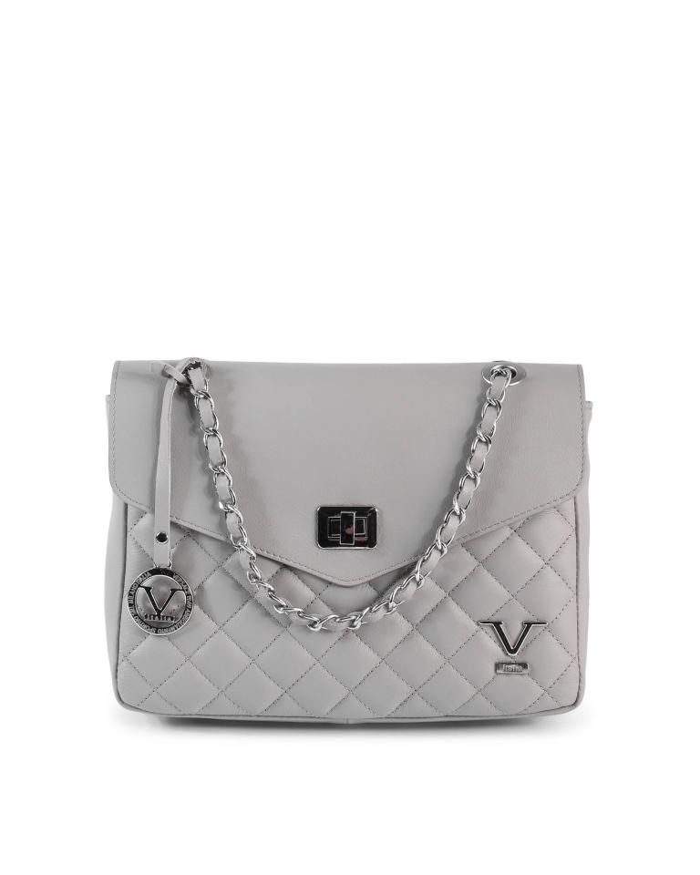 Grey quilted handbag with chain strap.