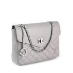 Grey quilted handbag with chain strap and logo.