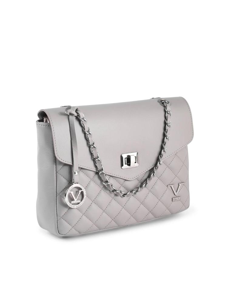 Grey quilted handbag with chain strap and logo.