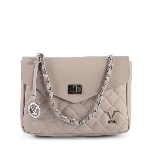Quilted beige handbag with chain strap.